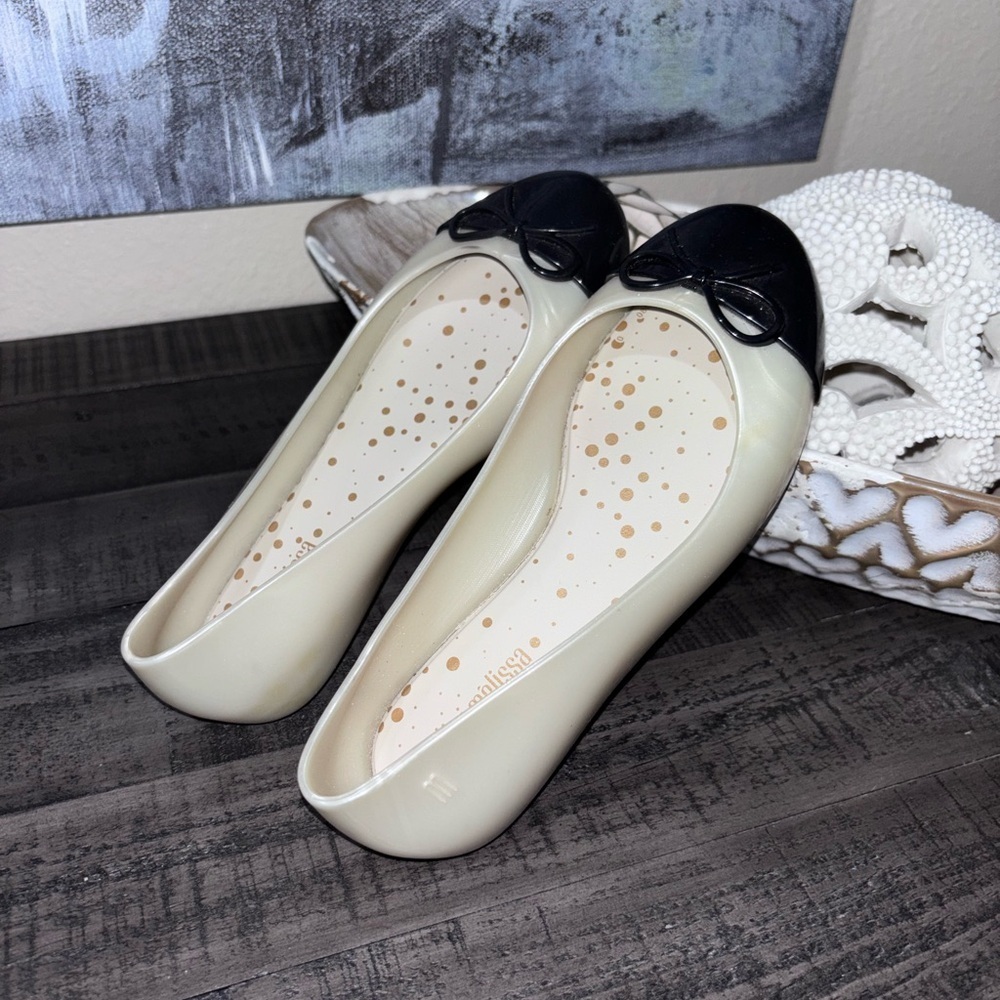 Mini Melissa Sweet Love Cap Toe ballet flats in pearly white and black SZ 1 - Picture 6 of 6